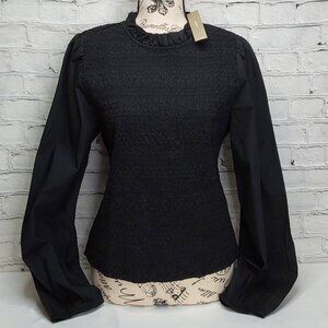'J.CREW' 'MELANIE' ONYX SMOCKED PUFF-SLEEVE TOP